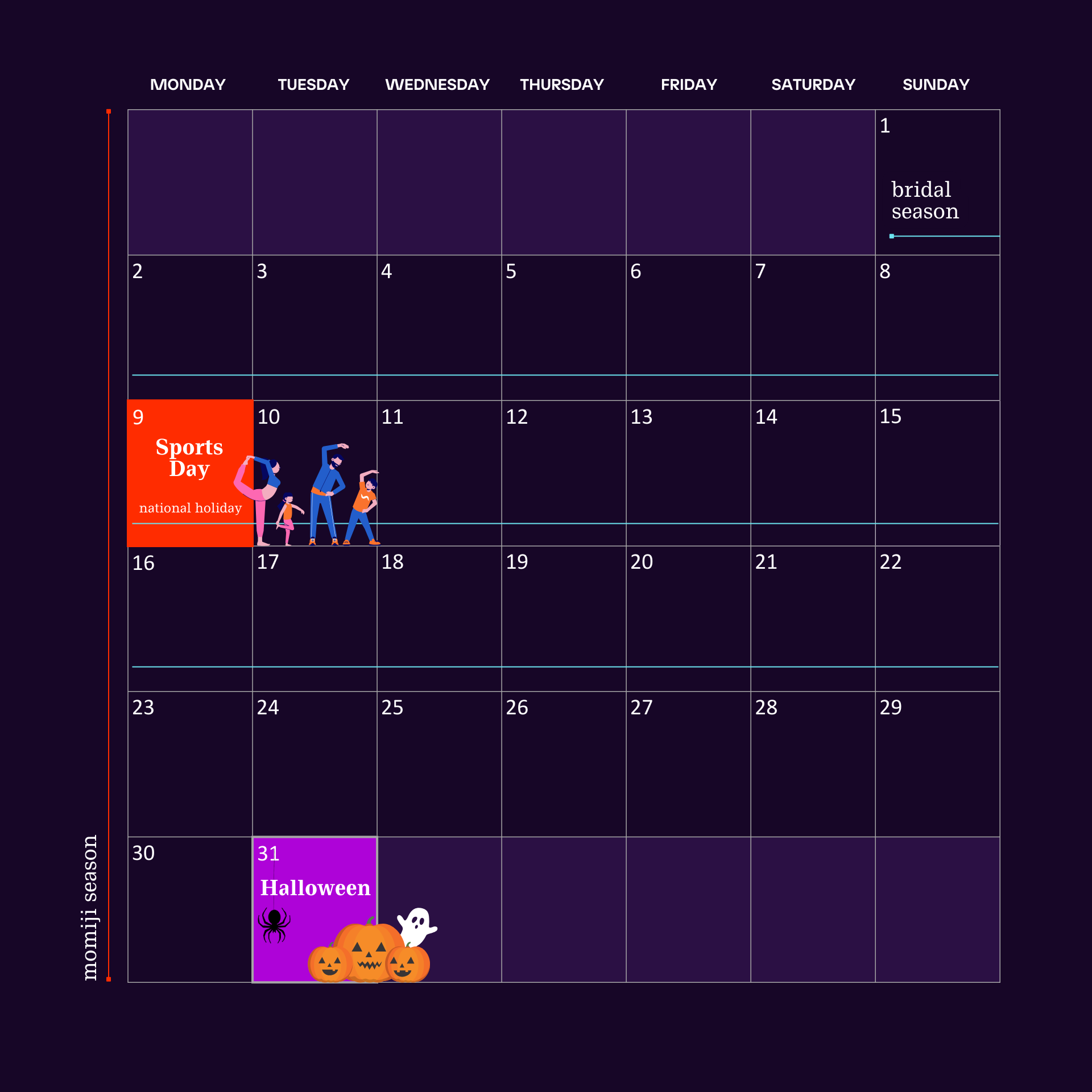 This is an image of October calendar with important dates like Sports Day and halloween